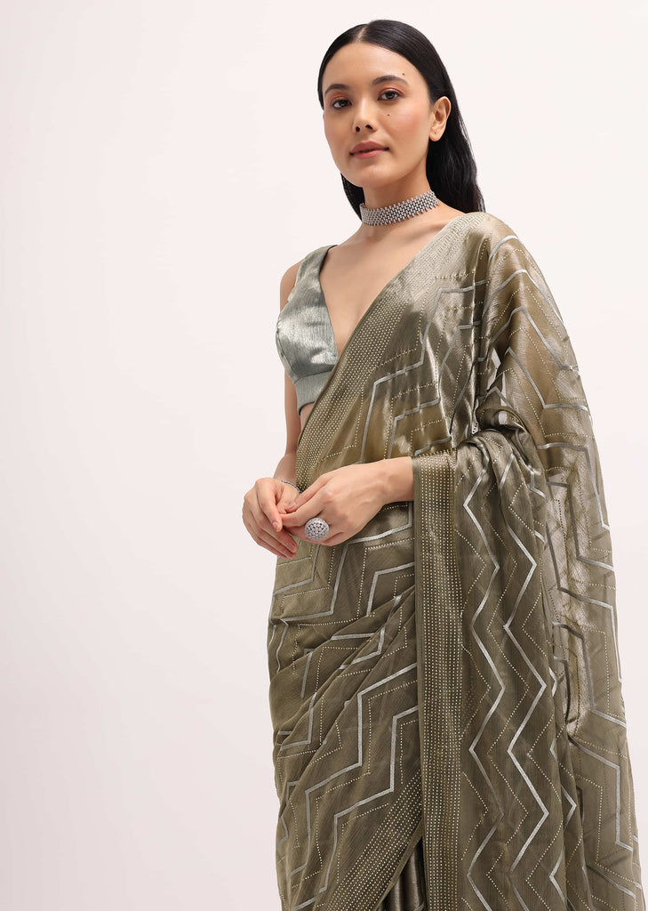 Stone Grey Glass Tissue Saree With Unstitched Blouse