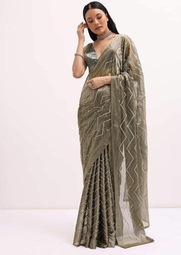 Stone Grey Glass Tissue Saree With Unstitched Blouse