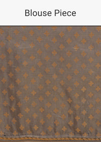 Iron Grey Saree In Dola Silk With Woven Floral Design In Diagonal Stripes And Lace Detailing