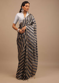 Iron Grey Saree In Dola Silk With Woven Floral Design In Diagonal Stripes And Lace Detailing