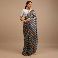 Iron Grey Saree In Dola Silk With Woven Floral Design In Diagonal Stripes And Lace Detailing