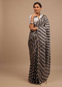 Iron Grey Saree In Dola Silk With Woven Floral Design In Diagonal Stripes And Lace Detailing