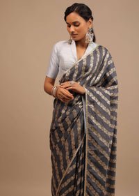 Iron Grey Saree In Dola Silk With Woven Floral Design In Diagonal Stripes And Lace Detailing