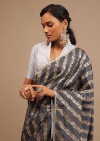 Iron Grey Saree In Dola Silk With Woven Floral Design In Diagonal Stripes And Lace Detailing