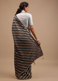 Iron Grey Saree In Dola Silk With Woven Floral Design In Diagonal Stripes And Lace Detailing