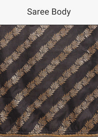 Iron Grey Saree In Dola Silk With Woven Floral Design In Diagonal Stripes And Lace Detailing
