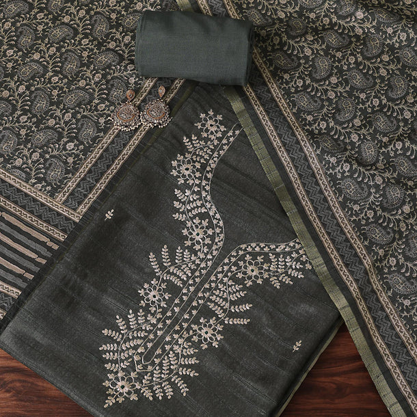Stone Grey Zari Work Tussar Top With Kalamkari Printed Dupatta Unstitched Dress Material