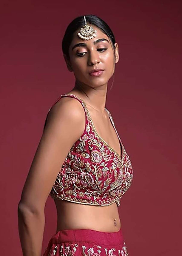 Strawberry Pink Choli In Raw Silk Adorned With Resham And Zardosi Embroidered Floral Jaal