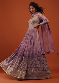 Striking Purple Ombre Embroidered Anarkali Suit In Georgette