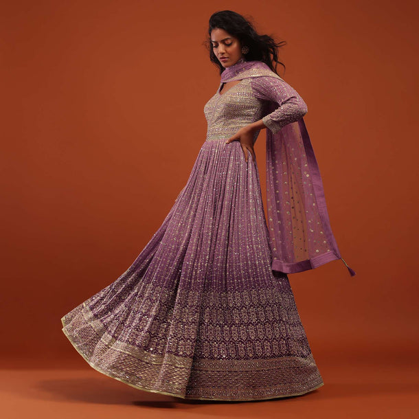 Striking Purple Ombre Embroidered Anarkali Suit In Georgette