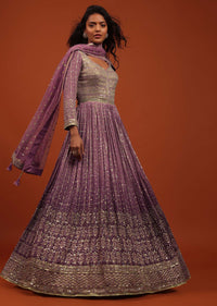 Striking Purple Ombre Embroidered Anarkali Suit In Georgette
