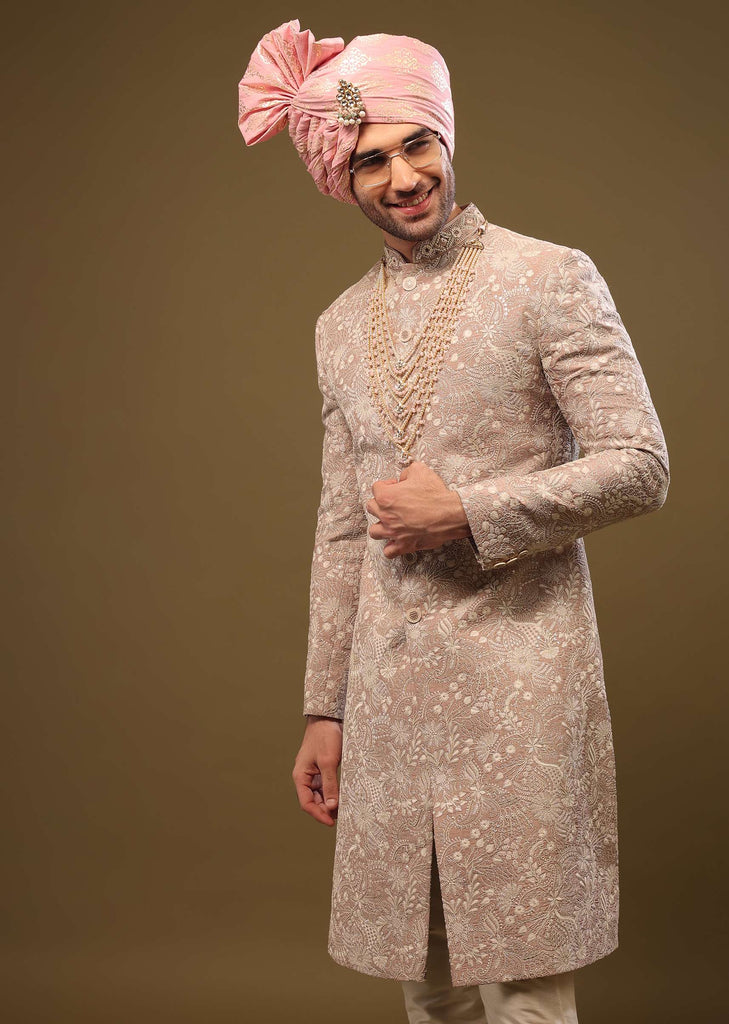 Tan Brown Silk Sherwani Set In Zari And Sequins Embroidery