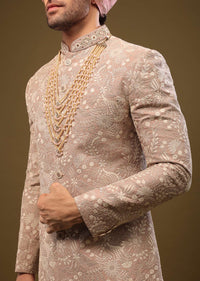 Tan Brown Silk Sherwani Set In Zari And Sequins Embroidery