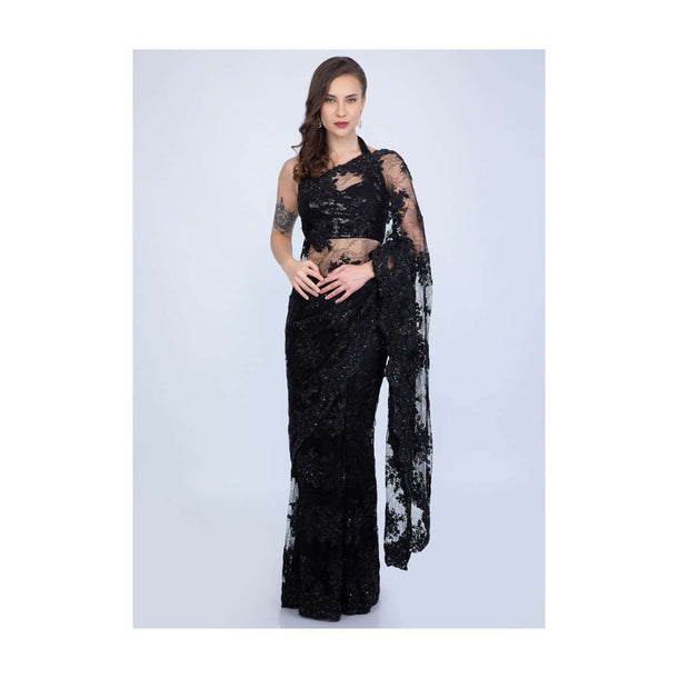 Stunning Black chantilly lace saree embellished with sequins, cut dana and pearls only on Kalki