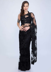 Stunning Black chantilly lace saree embellished with sequins, cut dana and pearls only on Kalki