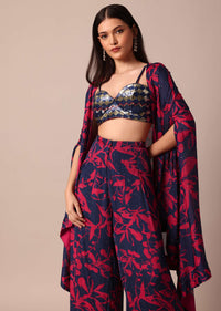 Stunning Crop Top With Printed Chiffon Jacket and Palazzo Set