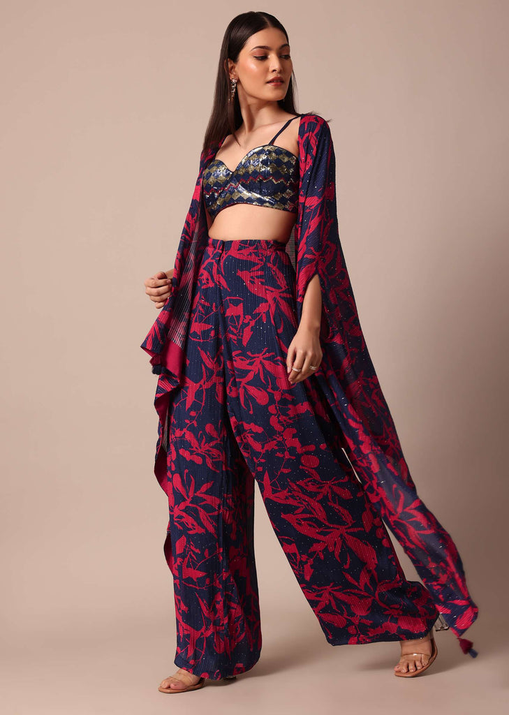 Stunning Crop Top With Printed Chiffon Jacket and Palazzo Set