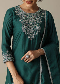 Stunning Emerald Green Silk Embroidery Kurta Set