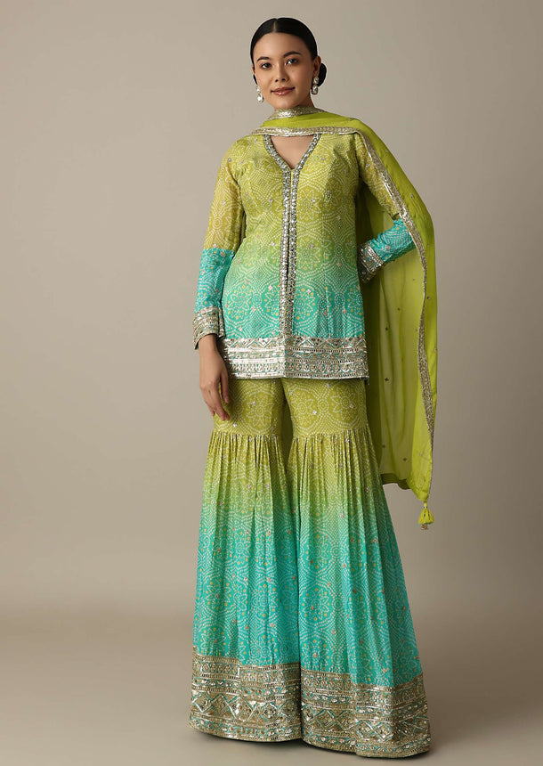 Stunning Mehendi Green Bandhani Print Sharara Set