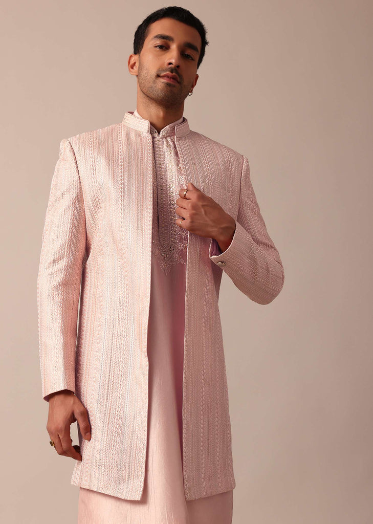 Stunning Peach Silk Sherwani For Men