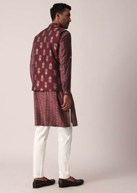 Stunning Red Festive Jacket Kurta Set For Men