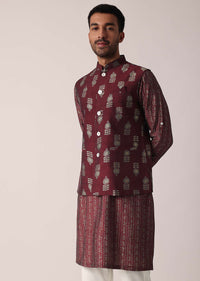 Stunning Red Festive Jacket Kurta Set For Men