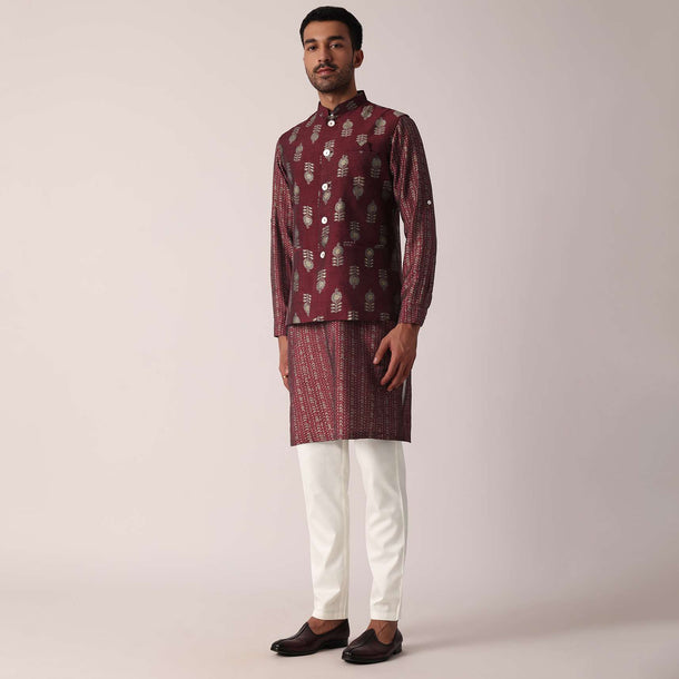 Stunning Red Festive Jacket Kurta Set For Men