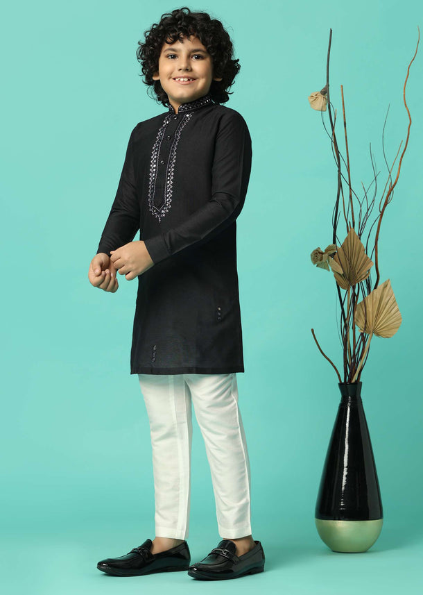 Stylish Black Festive Embroidered Kurta Set For Boys