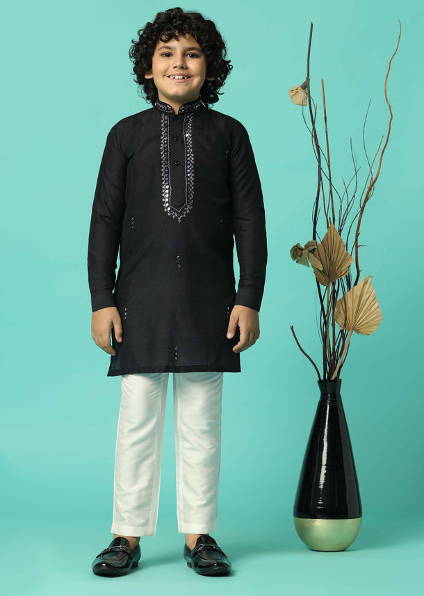 Stylish Black Festive Embroidered Kurta Set For Boys