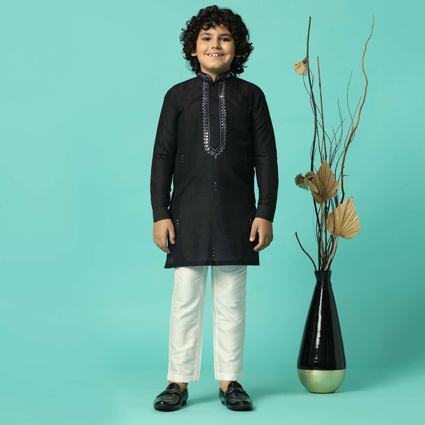 Stylish Black Festive Embroidered Kurta Set For Boys