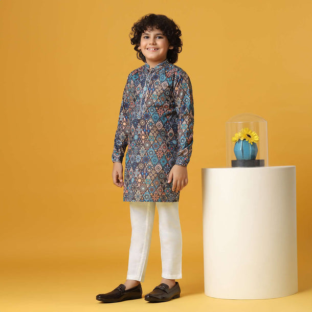 Stylish Blue Cotton Kurta Set For Boys