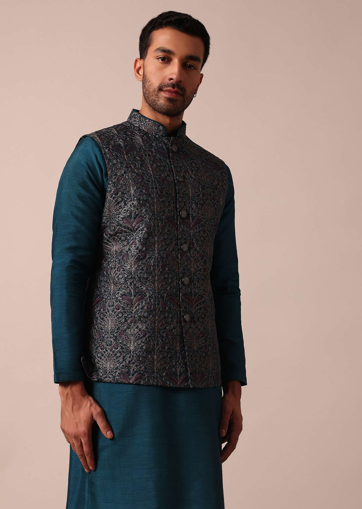 Stylish Blue Jacket Kurta Set For Men