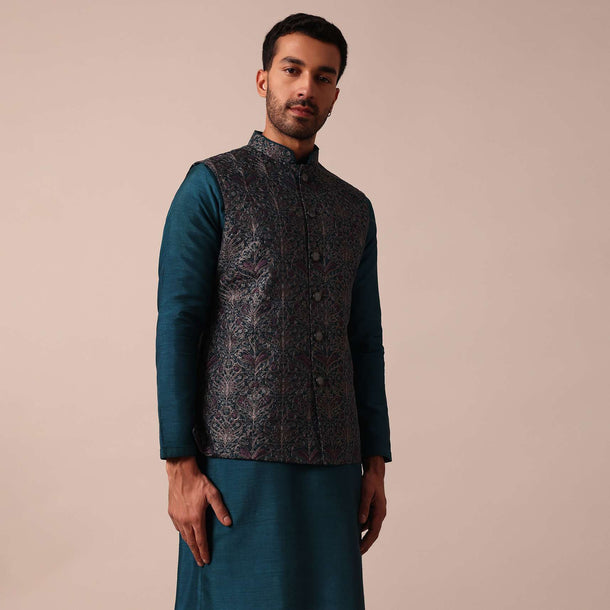 Stylish Blue Jacket Kurta Set For Men