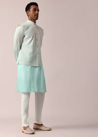 Stylish Blue Silk Jacket Kurta Set For Men