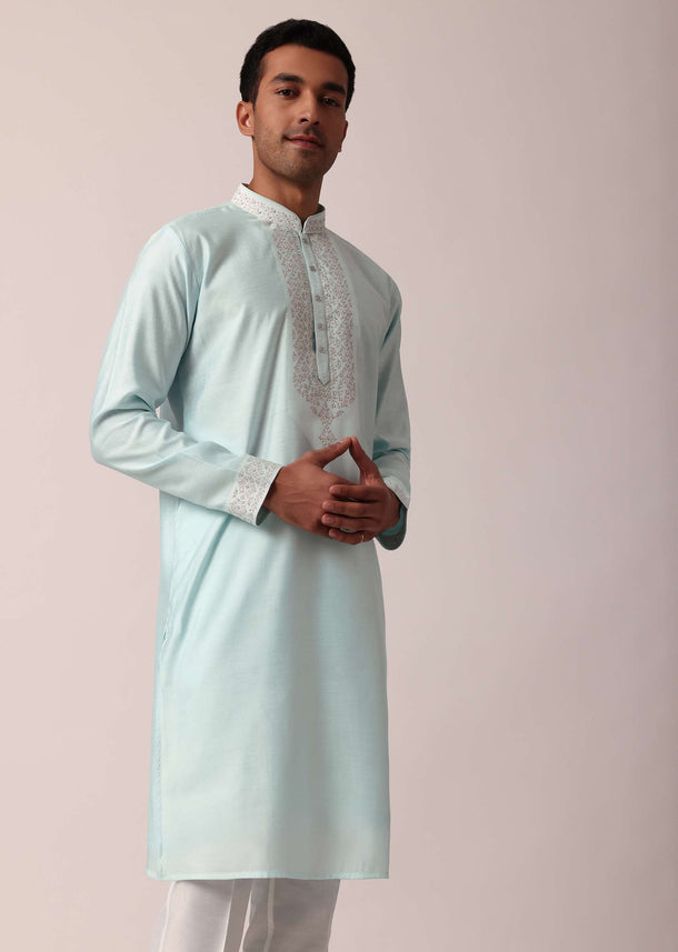 Stylish Blue Silk Kurta Set For Men