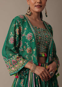 Stylish Green Lehenga Set With Embroidered Choli And Jacket