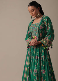 Stylish Green Lehenga Set With Embroidered Choli And Jacket