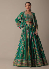 Stylish Green Lehenga Set With Embroidered Choli And Jacket