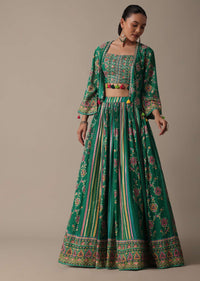 Stylish Green Lehenga Set With Embroidered Choli And Jacket