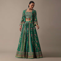 Stylish Green Lehenga Set With Embroidered Choli And Jacket