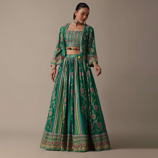 Stylish Green Lehenga Set With Embroidered Choli And Jacket