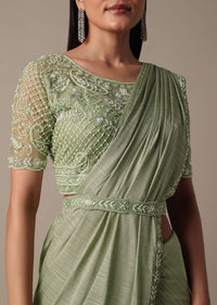 Stylish Green Ready Pleated Saree With Stitched Blouse