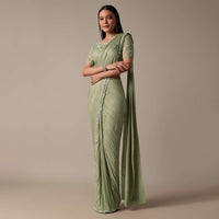 Stylish Green Ready Pleated Saree With Stitched Blouse