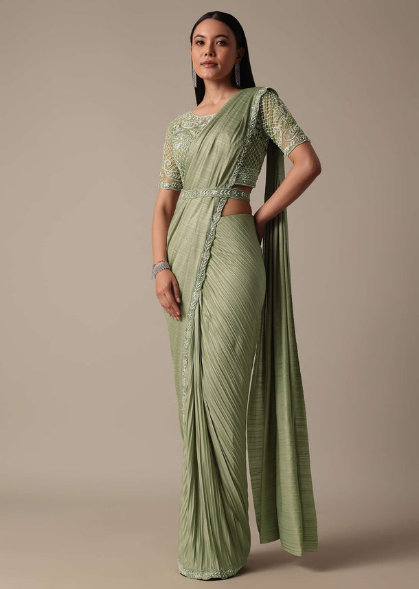 Stylish Green Ready Pleated Saree With Stitched Blouse
