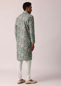 Stylish Green Silk Kurta Set With All-Over Print