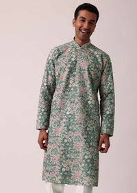 Stylish Green Silk Kurta Set With All-Over Print