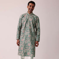 Stylish Green Silk Kurta Set With All-Over Print