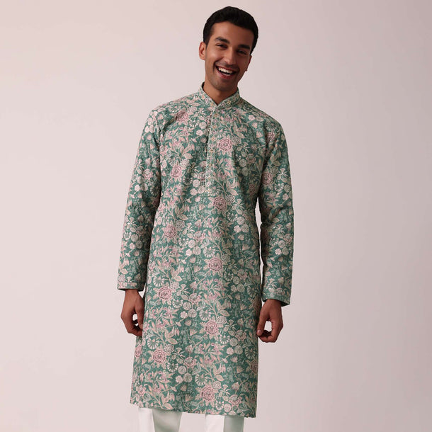 Stylish Green Silk Kurta Set With All-Over Print