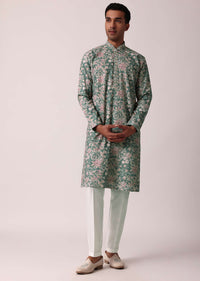 Stylish Green Silk Kurta Set With All-Over Print