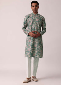 Stylish Green Silk Kurta Set With All-Over Print